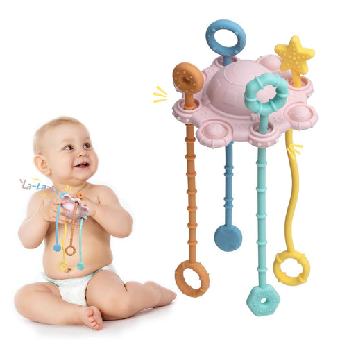 Montesorri-Toys - Pull String Toys for Baby - Made of 100% Food Grade Silicone with Built-in Rattle Function and Easy to Clean Design (Pink)...