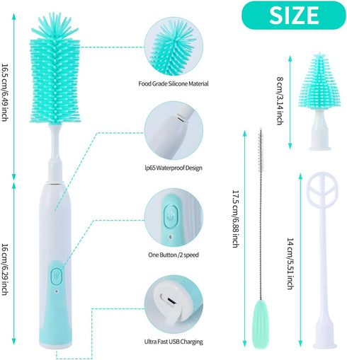 Electric Bottle Brush Cleaner, Electric Baby Bottle Brush Set Including Waterproof Bottle Cleaner, Nipple Brush, Straw Cleaner, Mixer, Bottle Dryi...
