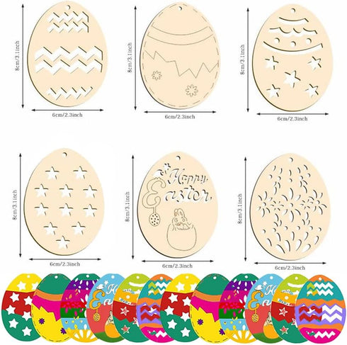 HERZWILD 30Pcs Easter Unfinished Wood Slices Eggs Easter Wooden Eggs Hanging Pendants Decorations Easter Crafts Kits Easter Egg Shape Cutouts Pend...