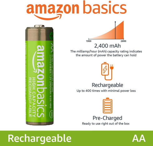 Amazon Basics 12-Pack Rechargeable AA NiMH High-Capacity Batteries, 2400 mAh, Recharge up to 400x Times, Pre-Charged...