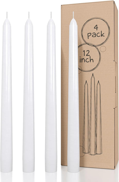CANDWAX White Taper Candles 12 inch Dripless - Set of 4 Tapered Candles Ideal as Dinner Candles - Smokeless and Unscented Taper Candles Long Burni...
