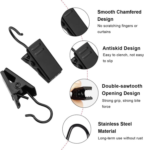 Coideal Small Curtain Clips Hooks, 100 Pack Black Metal Patio Awning Light Clips Hanger Stainless Steel for Hanging Outside Christmas String Light...