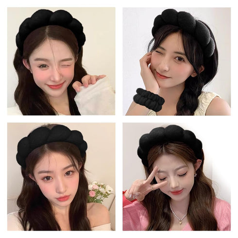 Spa Headbands for Washing Face Wristband Set Sponge Makeup Skincare Headband Wrist Towels Bubble Soft Terry Towel Cloth Hairband for Women Puffy H...