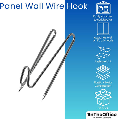 1InTheOffice Panel Wall Wire Hooks, Wall Hooks for Fabric Panel Cubicle Hooks, Silver, 50 Pack...