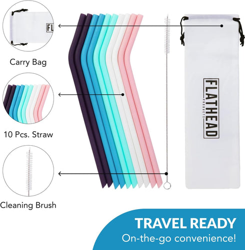 Bent Silicone Straws Reusable (Set of 10) and Cleaning Brush - Flexible, Long, Color Bendy Reusable Straws for 20oz-32oz Tumblers & 30oz Smoothie ...
