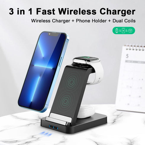 3 in 1 15W Dual Coils Wireless Charging Station, Compatible with iPhone 15/14//13/12/11/X/8 Series,Watch Series 8/7/6/SE/5/4,AirPods 3/2/Pro,and A...