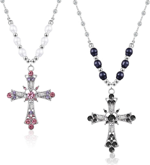 2 Pcs Crystal Cross Necklace Y2k Necklaces Vintage Goth Pearl Necklace Aesthetic Cross Choker Pearl Chain Necklace Gothic Cross Pendant for Women ...