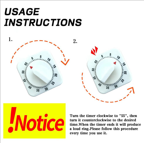 Square 60 Minute Mechanical Kitchen Timer - Visual Kitchen Cooking Timer Clock with Loud Alarm - No Batteries Required - Ideal for Cooking, Baking...