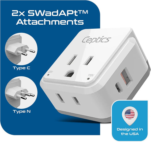 Ceptics Brazil Power Plug Adapter Travel Set, 20W PD & QC, Safe Dual USB & USB-C 3.1A - 2 USA Socket - Compact & Powerful - Also Use in Peru, Chil...