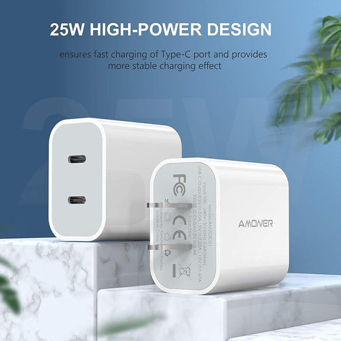 USB C Charger, Amoner 2Pack Type C Fast Charger, Dual Port 25W PD Fast USB C iPhone Wall Charger Compatible with iPhone 16/16 Pro/15/14/13/12/11/S...