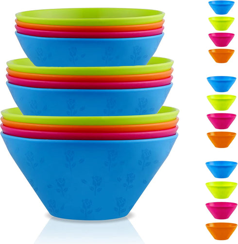 Plastic Bowls Set 12 Pieces, 3 Sizes 14/20/25oz Unbreakable Reusable Light Weight Bowl for Cereal, Noodle, Soup, Pasta, Ramen, Popcorn, Ice Cream,...