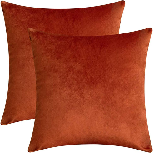 Set of 2 Comfortable Velvet Throw Pillow Cases Decorative Solid Cushion Covers for Sofa Couch and Bed - 18"x18", Rust...