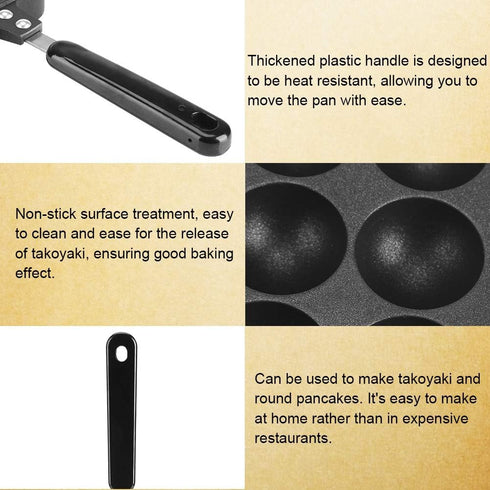 Junluck Non-Stick Pancake Pan, 12 Cavities Aluminum Baking with Plastic Handle & Hanging Hole, Grill Pan Plate for Takoyaki Octopus (Black)...