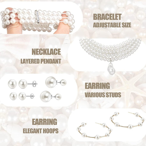 EIELO 16 Pcs Pearl Necklace Earrings Set for Women Simulated Pearl Bracelet Faux Pearl Necklace Dangle Earrings Jewelry Set...
