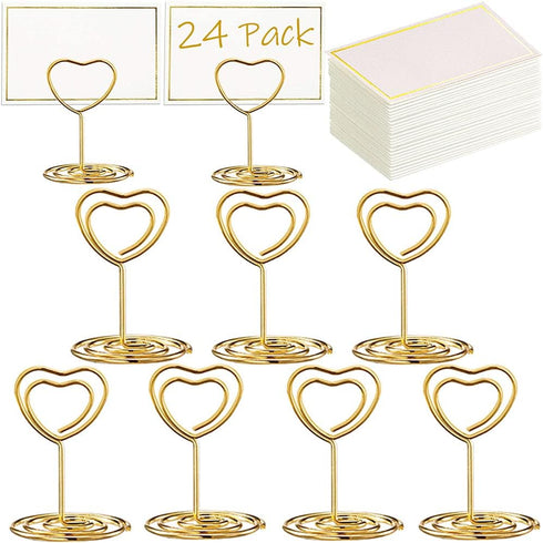 24 Pcs Mini Place Card Holders and 24 Pcs Place Cards with Gold Foil Border, Table Number Stand with Heart Shape, Table Card Holder Photo Picture ...