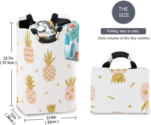 senya Pink Pineapple with Gold Glitter Large Storage Basket with Handles Collapsible Organizer Bin Laundry Hamper for Nursery Clothes Toys...