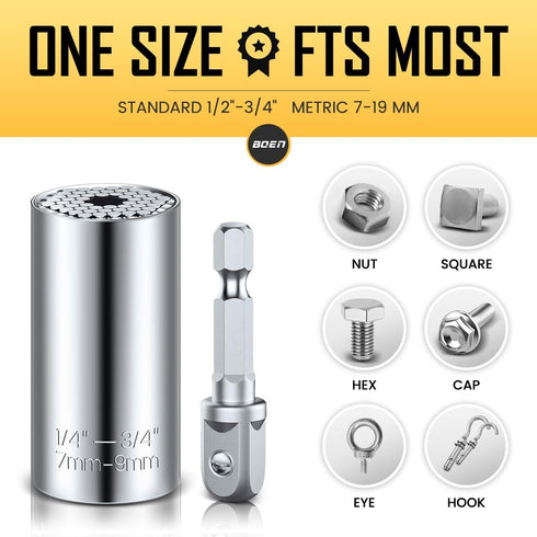 boen Super Universal Socket Tool Set Gifts for Men | Self-adjusting Fits (7mm-19mm) with Power Drill Adapter | Christmas Fathers Day Ideal Gift St...