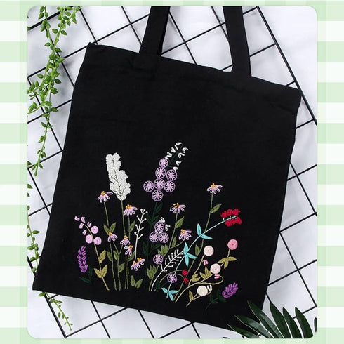 WADORN DIY Canvas Tote Bag Embroidery Kit, Black Personalized Canvas Bag Kit Flower Cross Stitch Kit with Pattern DIY Crafts Embroidery Starter Ki...