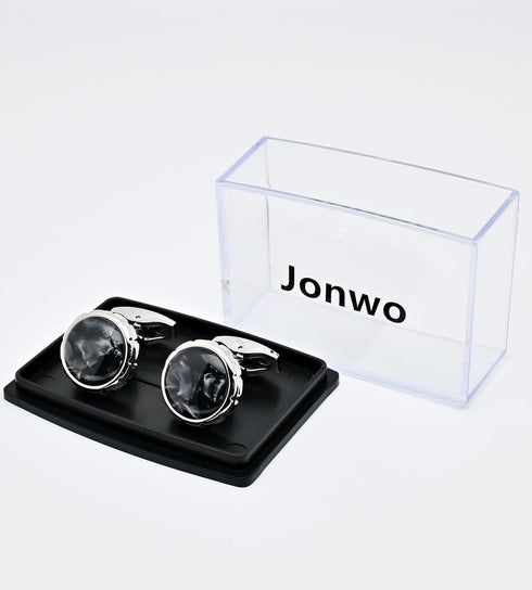 Black Obsidian Stone Round Men's Cufflinks In Gift Case Silver Natural Gemstone Cufflinks for Men Jewelry for Wedding Party Business Birthday Anni...