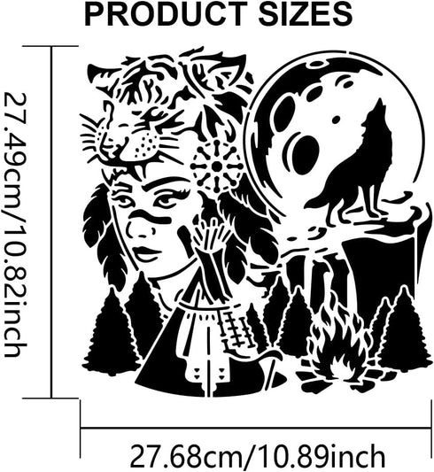 Tribal Aborigines Stencil 11.8×11.8inch Large African Tribal Women Stencils with Paint Brush Reusable Forest Tribal Sign Moon Wolf Tiger Camping T...