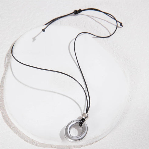 Boho Round Circle Necklace Sliver Open Round Tube Pendant Necklace Black Wax Rope Cord Chain Necklace Dainty Ball Bead Charm Necklace Jewelry for ...