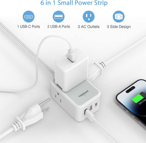 Small Flat Plug Power Strip, TESSAN Ultra Thin Extension Cord with 3 USB Wall Charger (1 USB C), 3 Outlets Mini Charging Station, 5 ft Slim Plug f...