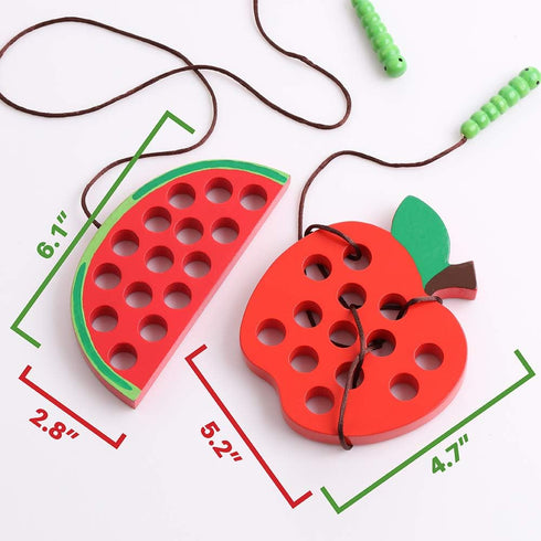KLT Lacing Toy for Toddlers, Wooden Threading Toys, 1 Apple and 1 Watermelon with Bag, Educational and Learning Montessori Activity for Baby and K...
