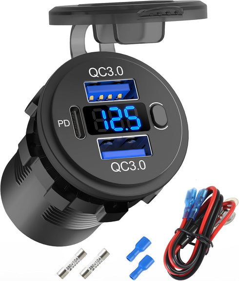 12 Volt USB Outlet Dual Quick Charge 3.0 Port and PD3.0 USB C Car Battery Chargers Socket, Waterproof 12V Power Outlet Cigarette Lighter Replaceme...