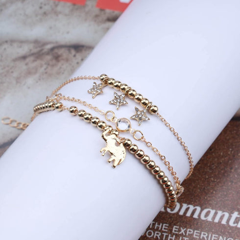 Boho Elephant Anklet Star Anklet Bracelet Gold Star Elephant Charm Anklet Crystal Beaded Ankle Chain Beach Foot Chains Adjustable Anklet 3Pcs Set ...