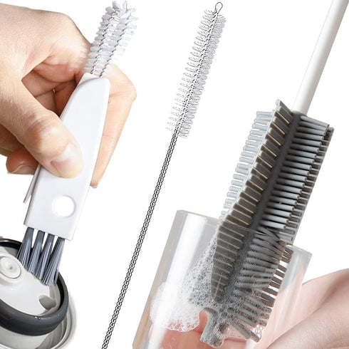 Bottle Cleaning Brush Set, Long Handle Silicone Cleaner Brushes + Thermos Lid Cup Brush + Drinking Straw Brush for Cleaning Baby Bottles, Narrow N...