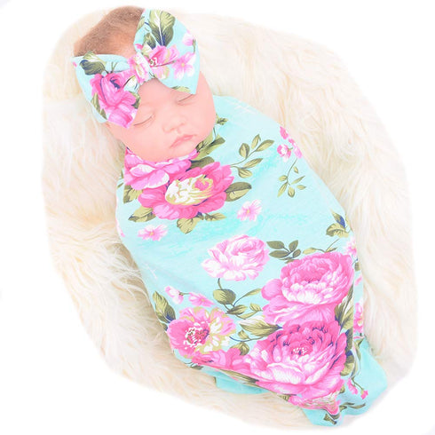 Galabloomer Receiving Blanket Headband Set Flower Print Baby Swaddle Blankets...