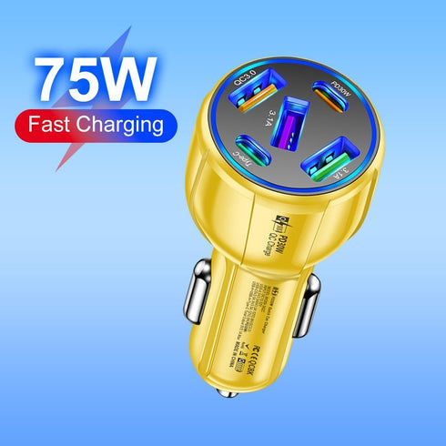 5-Port 75W USB C Car Charger, PD30W & QC3.0 Fast Charging Cigarette Lighter USB Charger Adapter for iPhone/Android/Samsung/iPad (Yellow)......