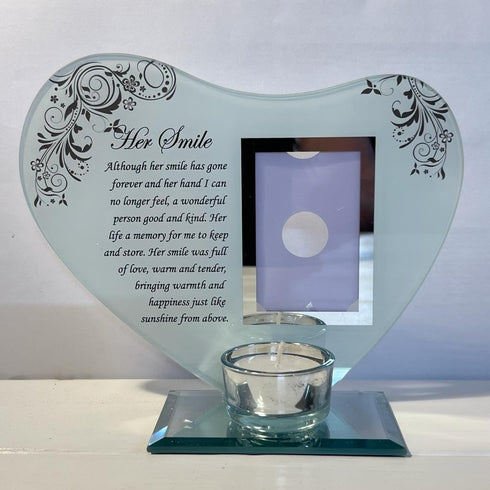 Her Smile - Inspirational Poem, Candle and Photo Holder Glass Memorial Plaque...