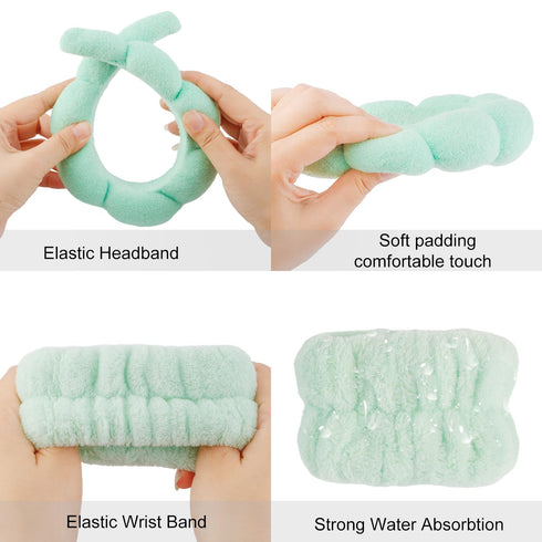 6pcs Green Spa Headband Sponge Face Wash Headband and Wristband Set Makeup Head Band Puffy Skincare Headband Terry Cloth Wrist Towels Hair Band fo...