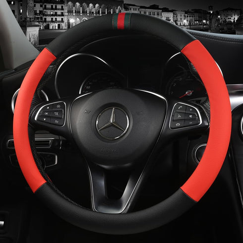 Black Panther Premium Textured Leather Auto Car Steering Wheel Cover, Anti-Slip and Comfortable Grip, 15 inch Universal - Black + Red...
