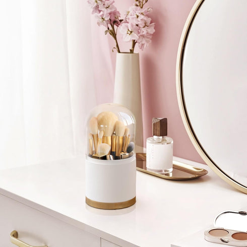 Mkono Covered Makeup Brush Holder Organizer with Glass Lid Premium Leather Make Up Brushes Cup with Dustproof Cover for Vanity Desktop Countertop ...