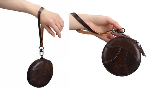 Genuine Leather Patchwork Retro Round Coin Purse Change Pouch Small Slim Clutch Wristlet RFID Blocking Wallet (Brown)...