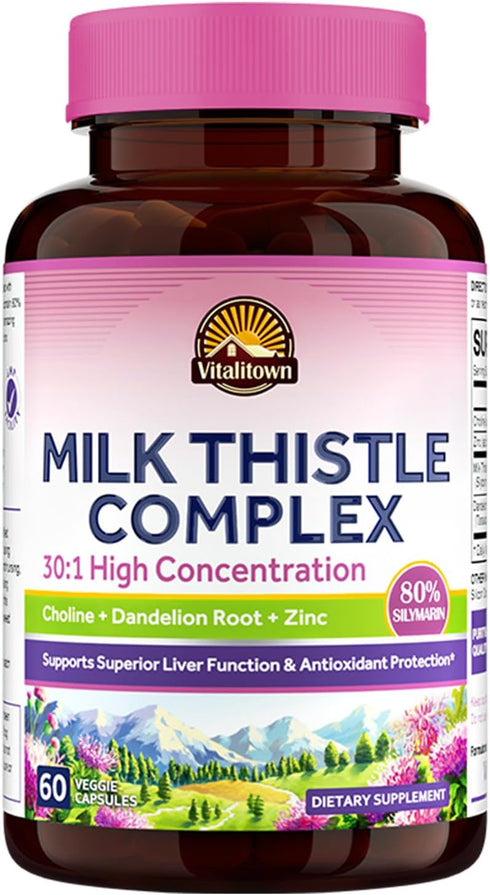 VITALITOWN Milk Thistle Complex | 30X Extract & Std. 80% Silymarin | Choline + Dandelion Root + Zinc | Superior Liver & Antioxidant Support | Vega...