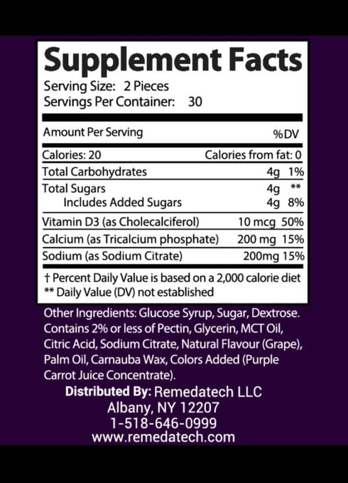 Adult Calcium + Vitamin D3 Gummies, Bone & Joint Support, Heart Support, Immune Support, Daily Nutritional Support, Grape Flavor, 60 Gummies, 30-D...