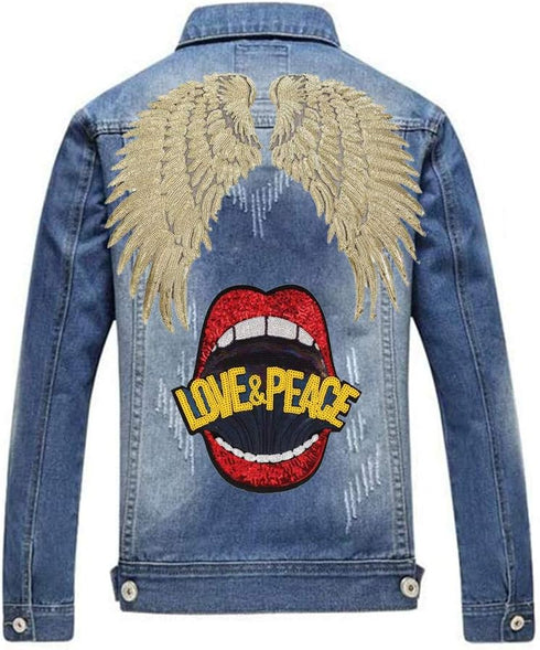 Large Red Mouth Gold Sequin Wing Iron on Patches Appliques Stickers Sew On Embroidered Lip Motif for DIY Clothes Jackets Jeans T-Shirt Pillow Case...