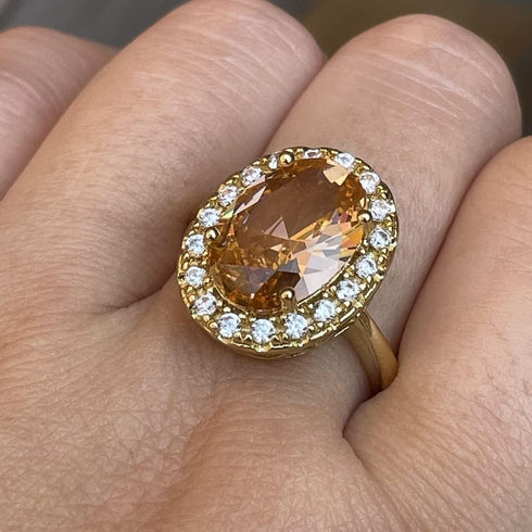 Hsitgexf Huge Oval Shaped CZ Cubic Zircon Wedding Party Statement Champagne Ring Engagement Inspired Cocktails Morganite Yellow Gold Plated Ring f...