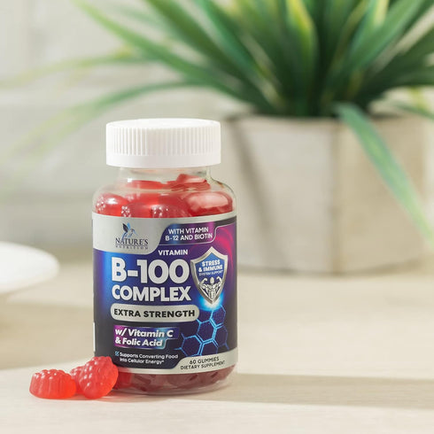 Super B Complex Gummies with Vitamin C & Folic Acid, Extra Strength Vitamin B Gummy Supplement with Niacin, B6, Folic Acid, B12, Biotin, Nature's ...