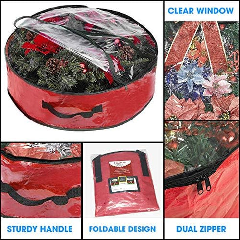 Propik Christmas Wreath Storage Bag 24" - Garland Holiday Container with Clear Window - Tear Resistant Fabric - 24" X 24" X 8" (Red)...