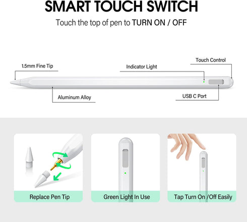 Bluetooth Stylus Pen for ipad Fast Charging Pencil with plam Rejection,Bluetooth Shortcut,Magnetic tilt Sensitivity Work for2018-2024ipad air3/4/5...
