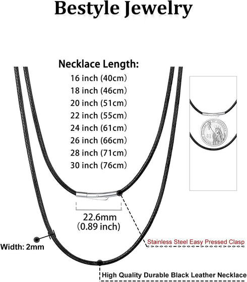 Bestyle Long Leather Necklace Wax Cord Rope Chain Men, Mens Bradied Leather Necklace Jewellery Mens Waterproof Black Cords Necklace for Pendant, 3...