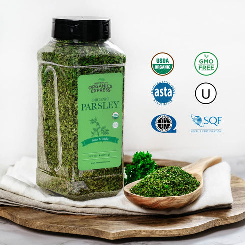 HQOExpress Organic Parsley Flakes – Non GMO, Kosher, USDA Certified Organic Parsley Leaves, Dried and Cut – Piquant and Aromatic Seasoning for Bro...