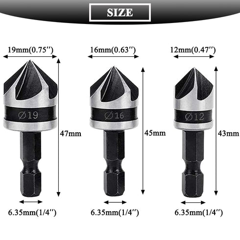 3Pcs Countersink Drill Bits 5 Flute 90 Degree Chamfering Countersink Drill Bit Set with 1/4'' Hex Shank Woodworking Chamfer Drilling Tool Carbon S...