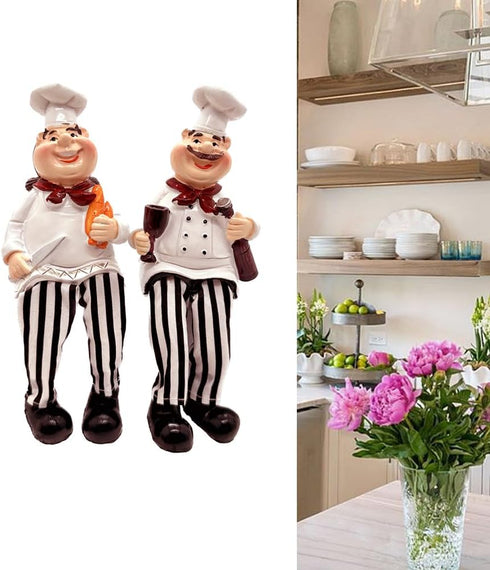 Set of 2 Home Kitchen Decor Chef Figurines Bread & Wine with Dangling Legs Shelf Sitters Figurine Statue for Kitchen Shelves, Cupboard, Countertop...