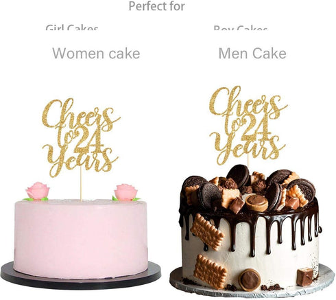 Gold Glitter Cheers to 24 years cake topper, Gold Happy 24th Birthday Cake Topper, Birthday Party Decorations, Supplies...