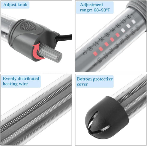 HITOP 25W 50W 100W 200W 300W Adjustable Aquarium Heater, Submersible Fish Tank Heater Thermostat with Suction Cup (200W)...